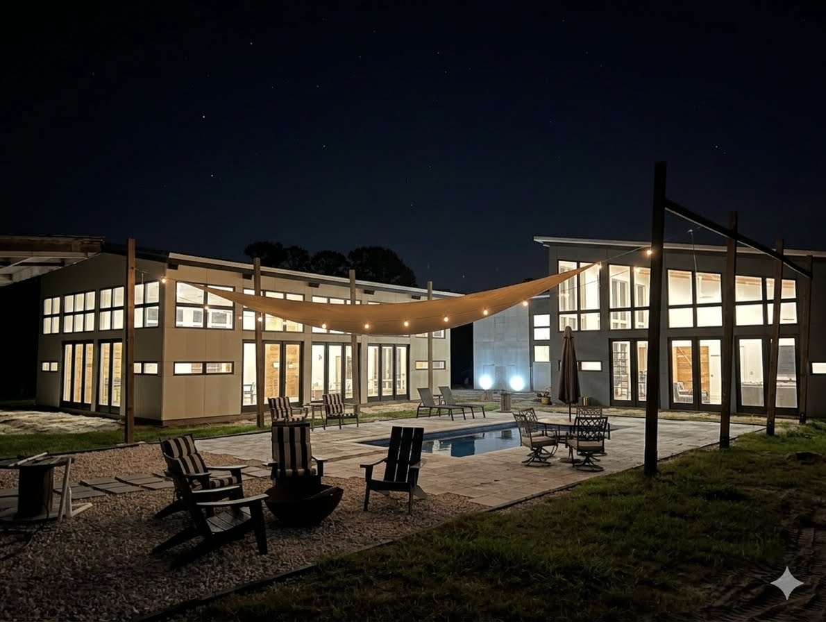 FarmSpace courtyard with pool at night