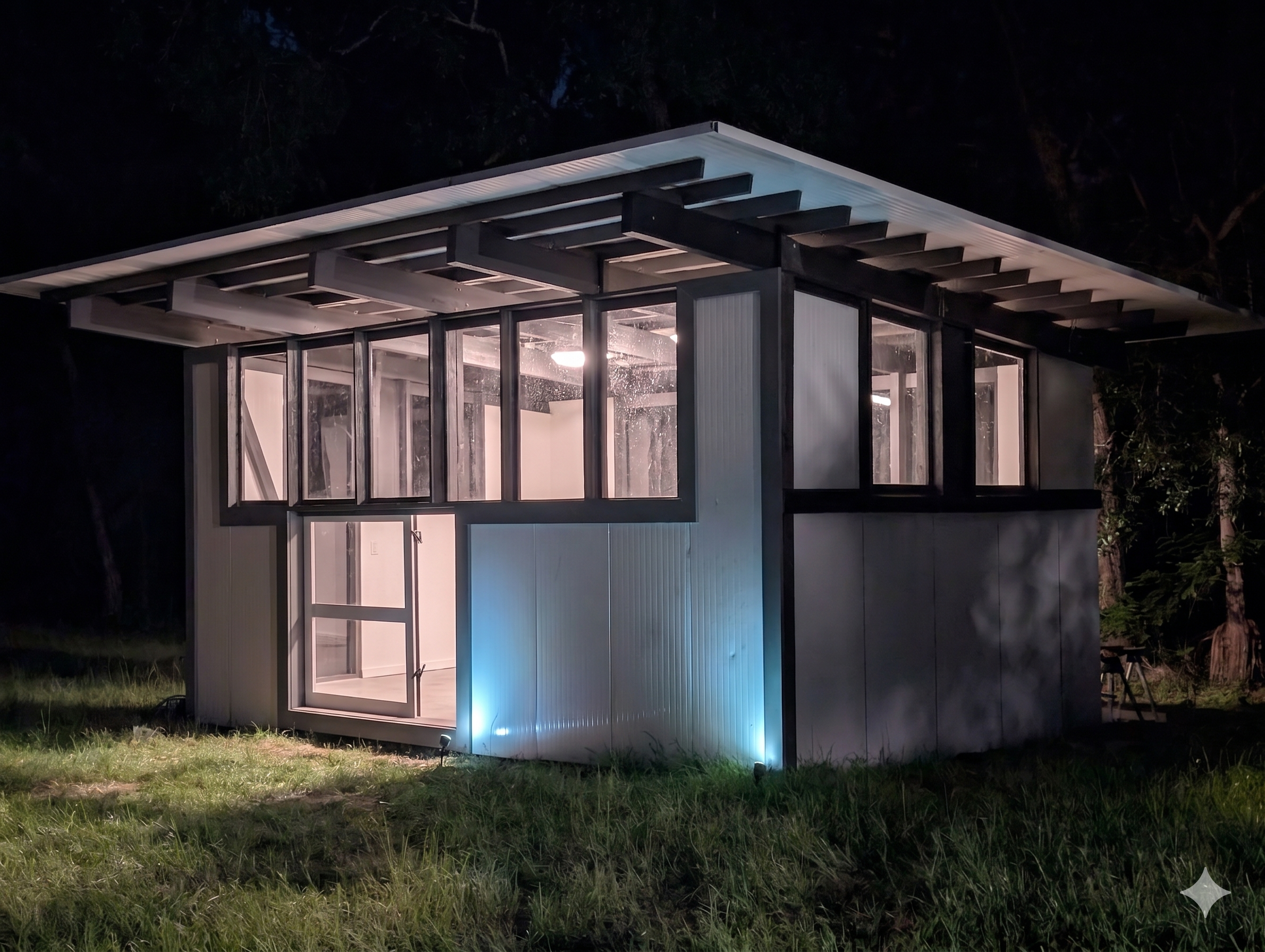 Small mono-slope structure lit at night