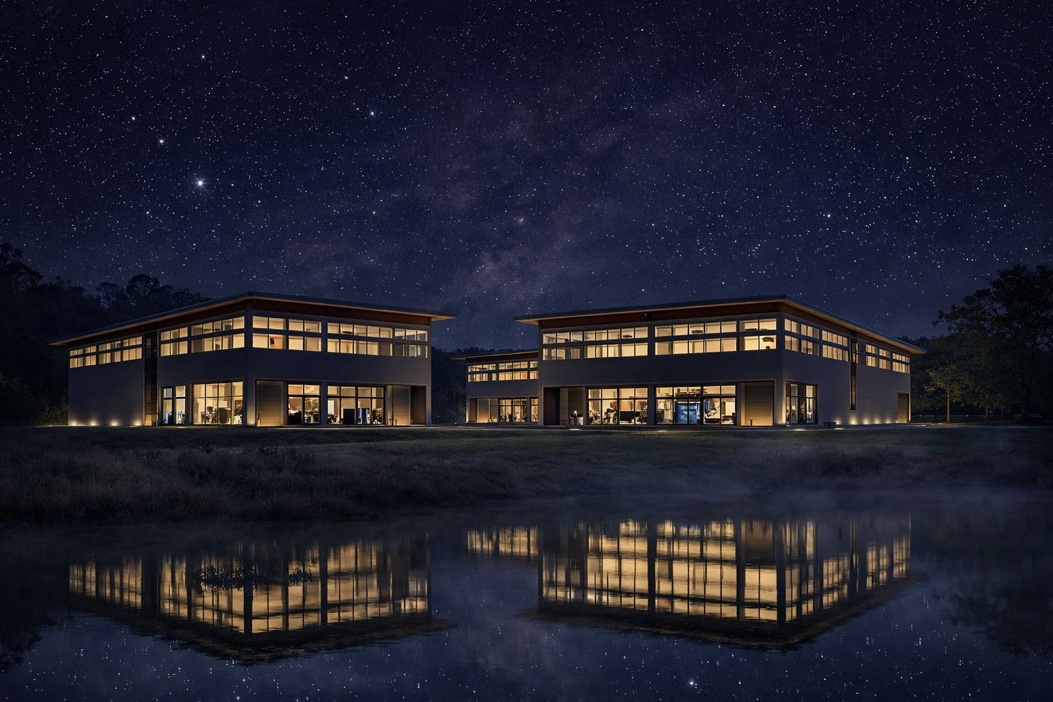 FarmSpace compound at night reflected in pond