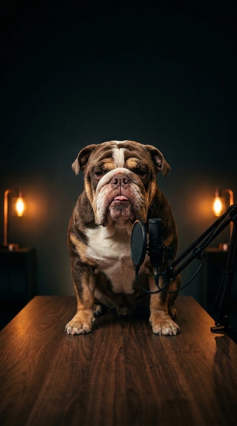 The same bulldog rendered on the podcast set